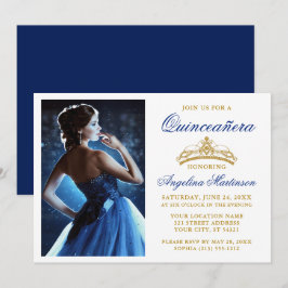 Modern Elegant Gold Crown Royal Blue Quinceanera Kaart