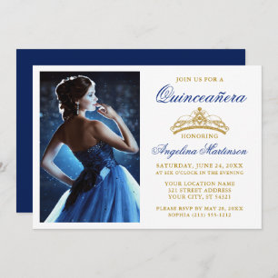 Modern Elegant Gold Crown Royal Blue Quinceanera Kaart
