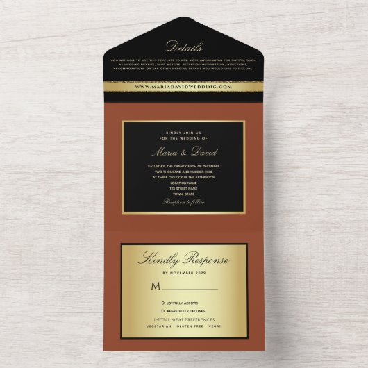 Modern Elegant Gold en Black Wedding All In One Uitnodiging (Binnen)