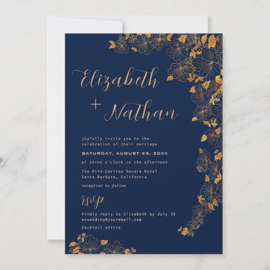 Modern Elegant Gold Floral Navy Blue Quote Kaart (Voorkant)
