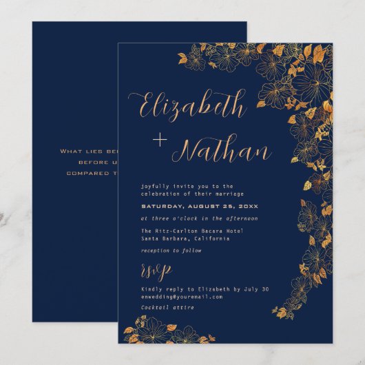 Modern Elegant Gold Floral Navy Blue Quote Kaart (Voorkant / Achterkant)