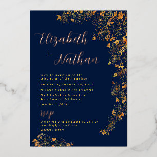 Modern Elegant Gold Floral Navy Blue Wedding Folie Uitnodiging