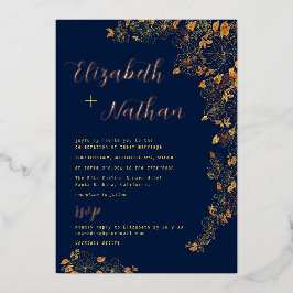Modern Elegant Gold Floral Navy Blue Wedding Folie Uitnodiging