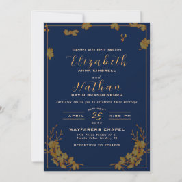 Modern Elegant Gold Floral Navy Blue Wedding Kaart