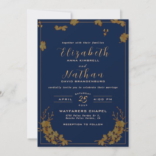 Modern Elegant Gold Floral Navy Blue Wedding Kaart (Voorkant)