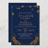 Modern Elegant Gold Floral Navy Blue Wedding Kaart (Voorkant / Achterkant)