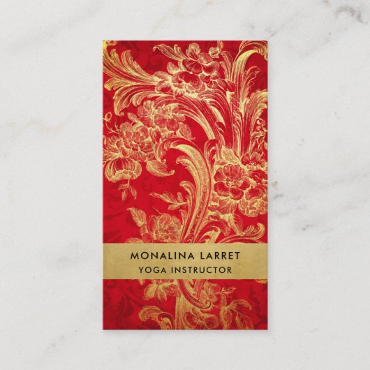 Modern Elegant Gold Flourish Red Damask Pattern Visitekaartje (Voorkant)