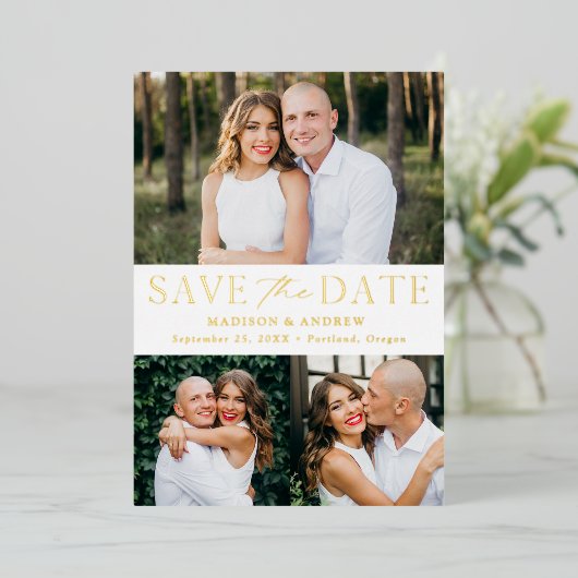 Modern Elegant Gold Foil 3 Foto Save the Date Folie Uitnodiging (Staand Voorkant)