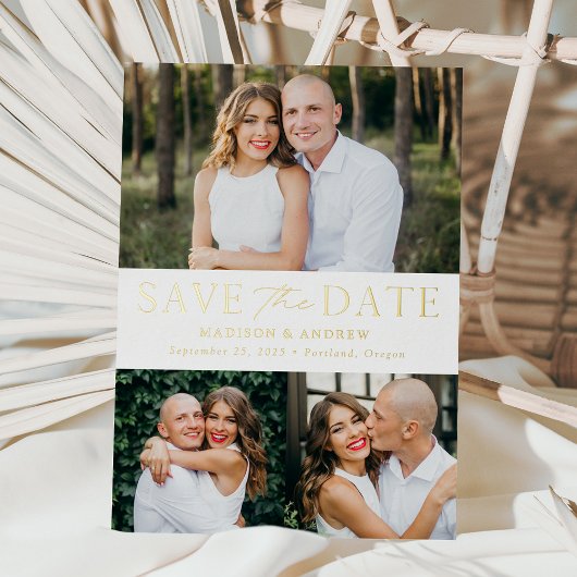 Modern Elegant Gold Foil 3 Foto Save the Date Folie Uitnodiging