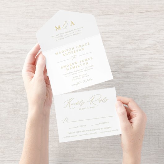 Modern Elegant Gold Foil Monogram Wedding All In One Uitnodiging (Uittrekbaar)