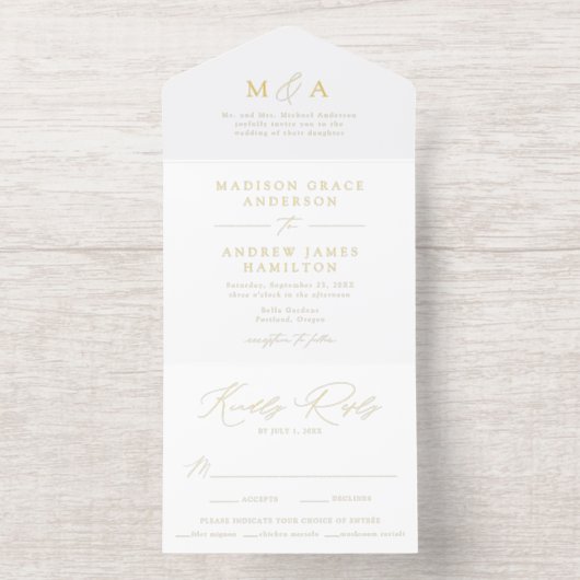 Modern Elegant Gold Foil Monogram Wedding All In One Uitnodiging (Binnenkant)