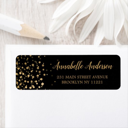 Modern elegant Gold Glitter Confetti Script Black Etiket (Insitu)