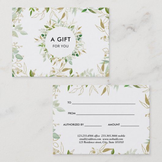 Modern Elegant Gold Greenery Gift Certificate Kortingskaartje (Voorkant / Achterkant)