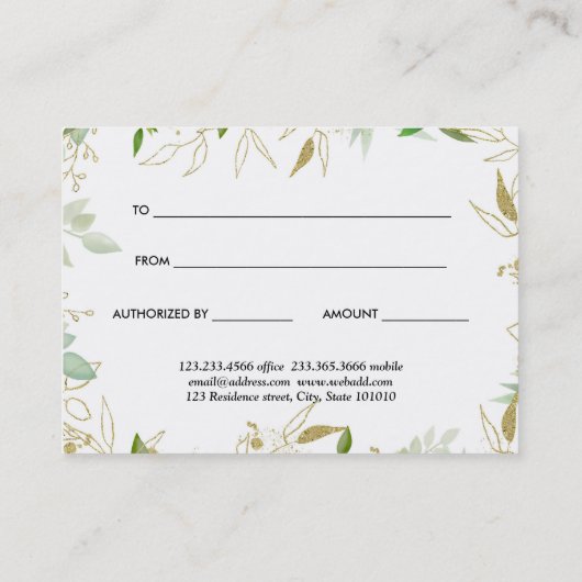 Modern Elegant Gold Greenery Gift Certificate Kortingskaartje (Achterkant)