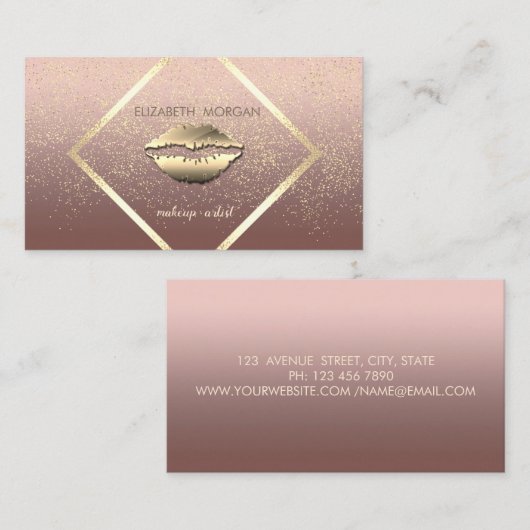 Modern Elegant, Gold Lijst, Confetti, lips Visitekaartje (Voorkant / Achterkant)
