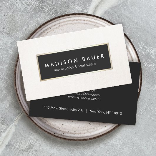 Modern Elegant Gold Lined Black en Beige Linen Visitekaartje