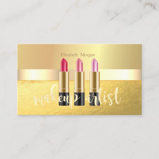 Modern Elegant Gold, lipstick, Makeup Artist Visitekaartje (Voorkant)