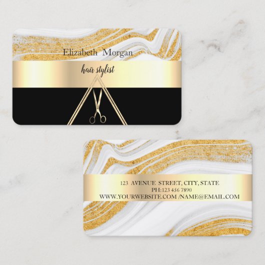 Modern Elegant Gold Marble Stone Black, schaar Visitekaartje (Voorkant / Achterkant)
