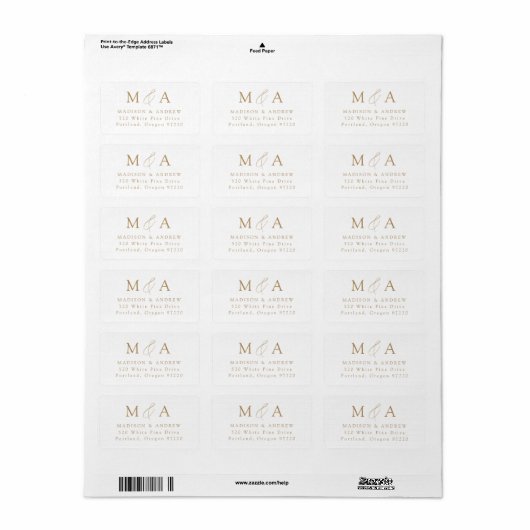 Modern Elegant Gold Monogram Return Address Etiket (Full Sheet)