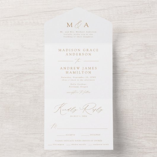 Modern Elegant Gold Monogram Weddenschap All In One Uitnodiging (Binnen)
