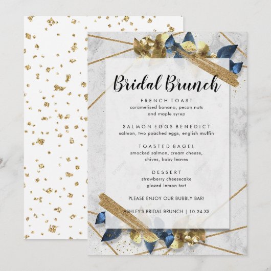 Modern Elegant Gold Navy Bridal Brunch Menu (Voorkant / Achterkant)