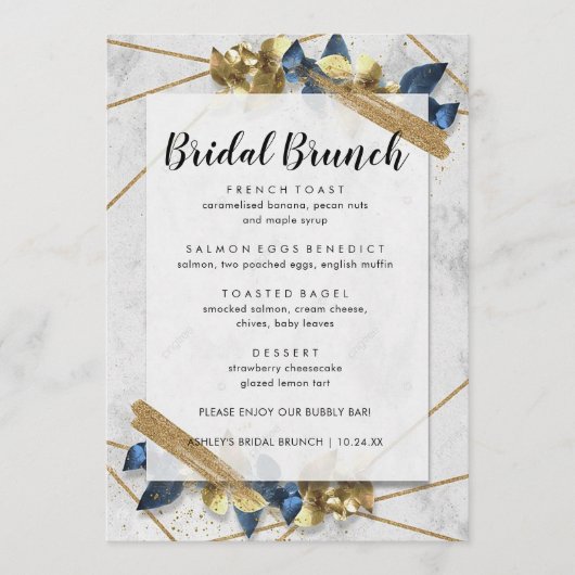 Modern Elegant Gold Navy Bridal Brunch Menu (Voorkant)