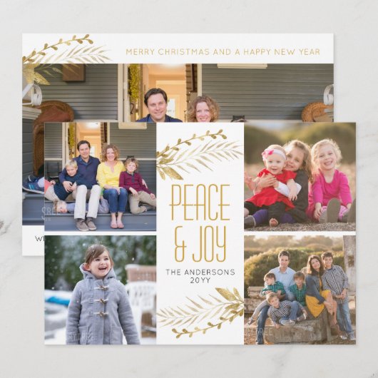 Modern Elegant Gold Peace Joy Kerstmis 5 Foto Feestdagenkaart (Voorkant / Achterkant)