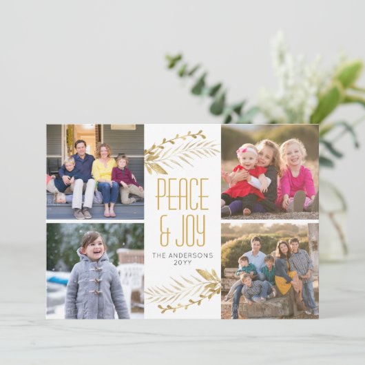 Modern Elegant Gold Peace Joy Kerstmis 5 Foto Feestdagenkaart (Staand voorkant)