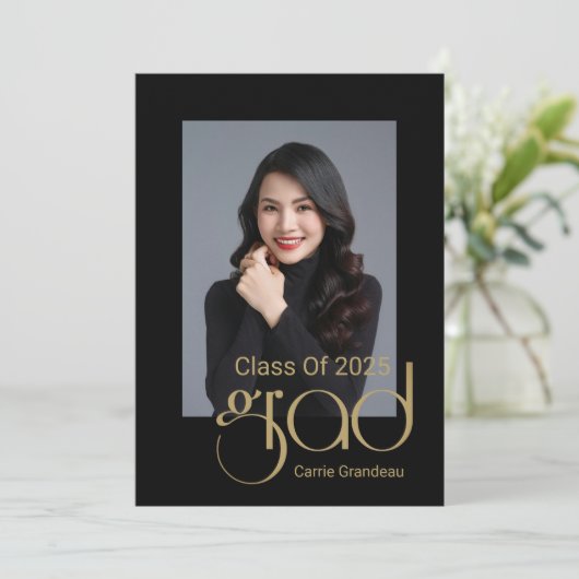 Modern Elegant Gold Script 4Photo Graduation Party Kaart (Staand voorkant)