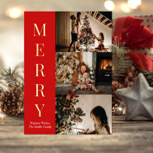 Modern Elegant Gold Script Merry-kerstfoto Folie Feestdagenkaart