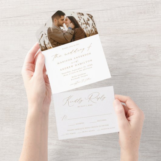 Modern Elegant Gold Script Photo Wedding All In One Uitnodiging (Afscheurbaar)