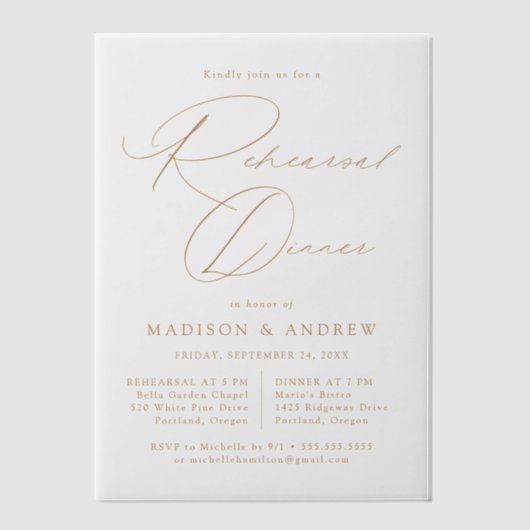 Modern Elegant Gold Script repetitie diner Vellum Uitnodigingen (Voorkant)