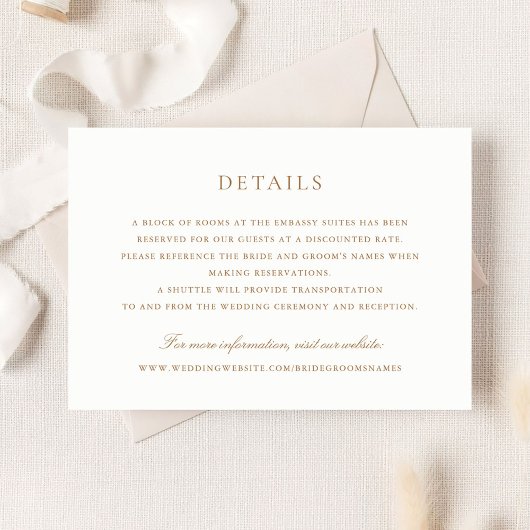 Modern Elegant Gold Script Wedding Details Invoege Kaart