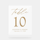 Modern Elegant Gold Script Wedding Table Number Acryl Bord (Voorkant)
