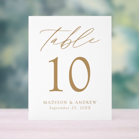 Modern Elegant Gold Script Wedding Table Number Acryl Bord (Neutraal)