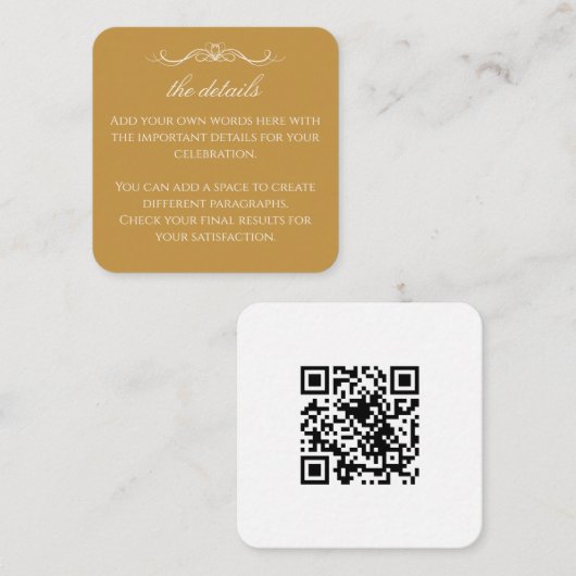 Modern Elegant Gold & White Wedding QR Details Informatiekaartje (Voorkant / Achterkant)