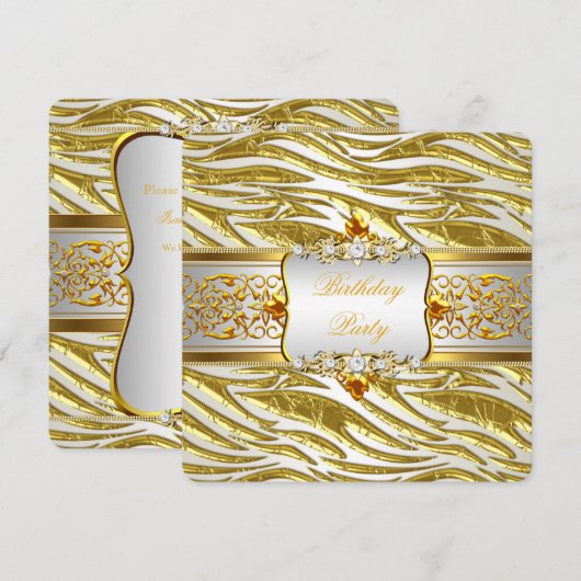 Modern Elegant Gold Zebra White Birthday Party Kaart (Voorkant / Achterkant)