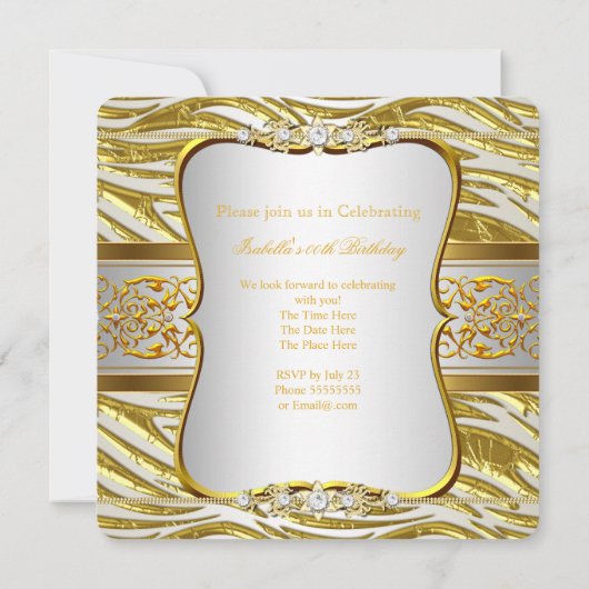 Modern Elegant Gold Zebra White Birthday Party Kaart (Achterkant)