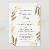 Modern Elegant Golden Leaf Engagement Party nodigt Kaart (Voorkant / Achterkant)