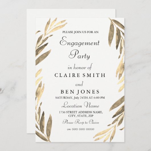 Modern Elegant Golden Leaf Engagement Party nodigt Kaart (Voorkant / Achterkant)