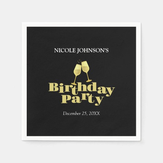 Modern Elegant Goud Champagne Zwart Verjaardagsfee Servet (Voorkant)