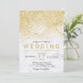 Modern elegant goud glitter wit marmer bruiloft kaart (Staand voorkant)