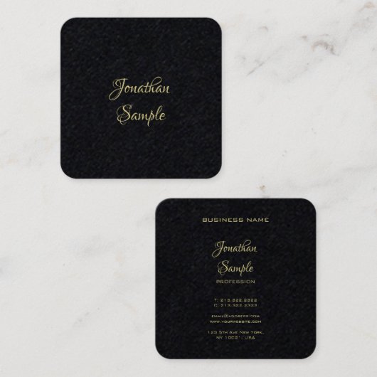 Modern Elegant Goud Hand Script Tekst Premium Zwar Vierkante Visitekaartje (Voorkant / Achterkant)