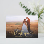 Modern Elegant Goud Script Foto Overlay Bruiloft Bedankkaart (Staand voorkant)