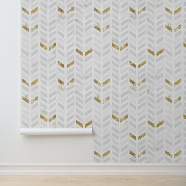 Modern Elegant Goud Wit Grijs Geschilderd Chevron Behang (Applicatie)