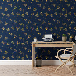 Modern Elegant Gouden Bloem Blauw Bloemen Patroon Behang