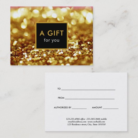 Modern Elegant Gouden Glitter Cadeaubon Kortingskaartje (Voorkant / Achterkant)