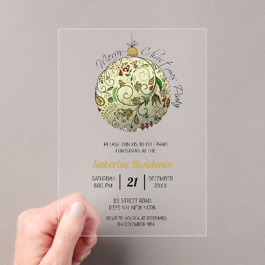 Modern Elegant Gouden Kerst Doodle Ornament Acryl Uitnodigingen (Insitu (Draagbaar))