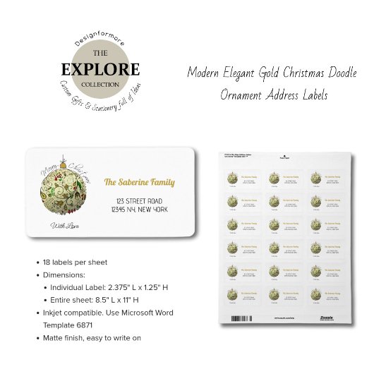 Modern Elegant Gouden Kerst Doodle Ornament Etiket