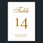 Modern Elegant Gouden Script Bruiloft Kaart<br><div class="desc">Modern Elegant Script Trouwtafel nummer. De kaart is modern en elegant met een dunne rand en een script in gouden kleur. Pas elke kaart afzonderlijk aan voor elk tabelnummer en zet deze apart in uw winkelwagen. Personaliseer alle tekst op de tafel kaart.</div>